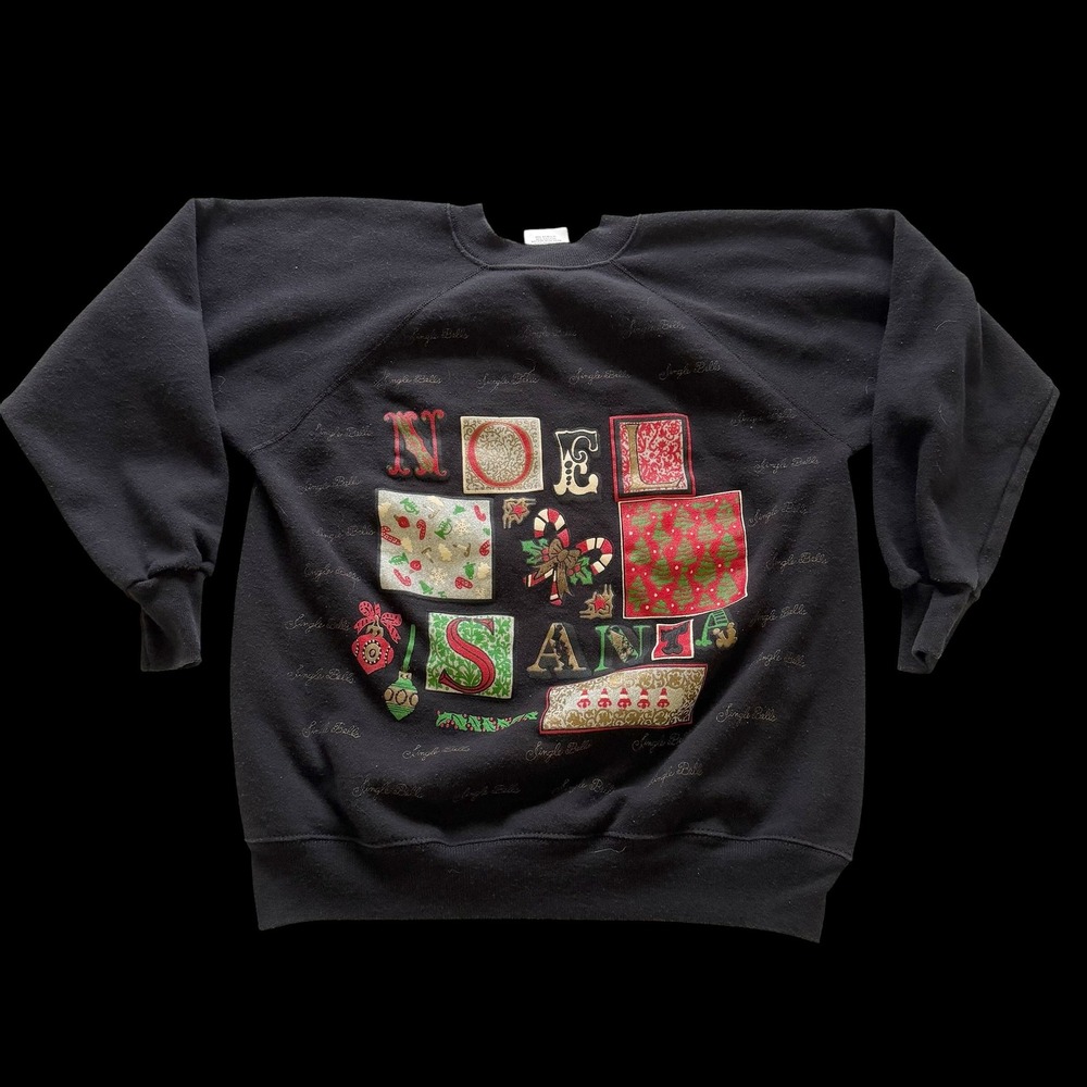 Vintage 80's Christmas Sweatshirt Black Noel Santa Puff Print Large USA
